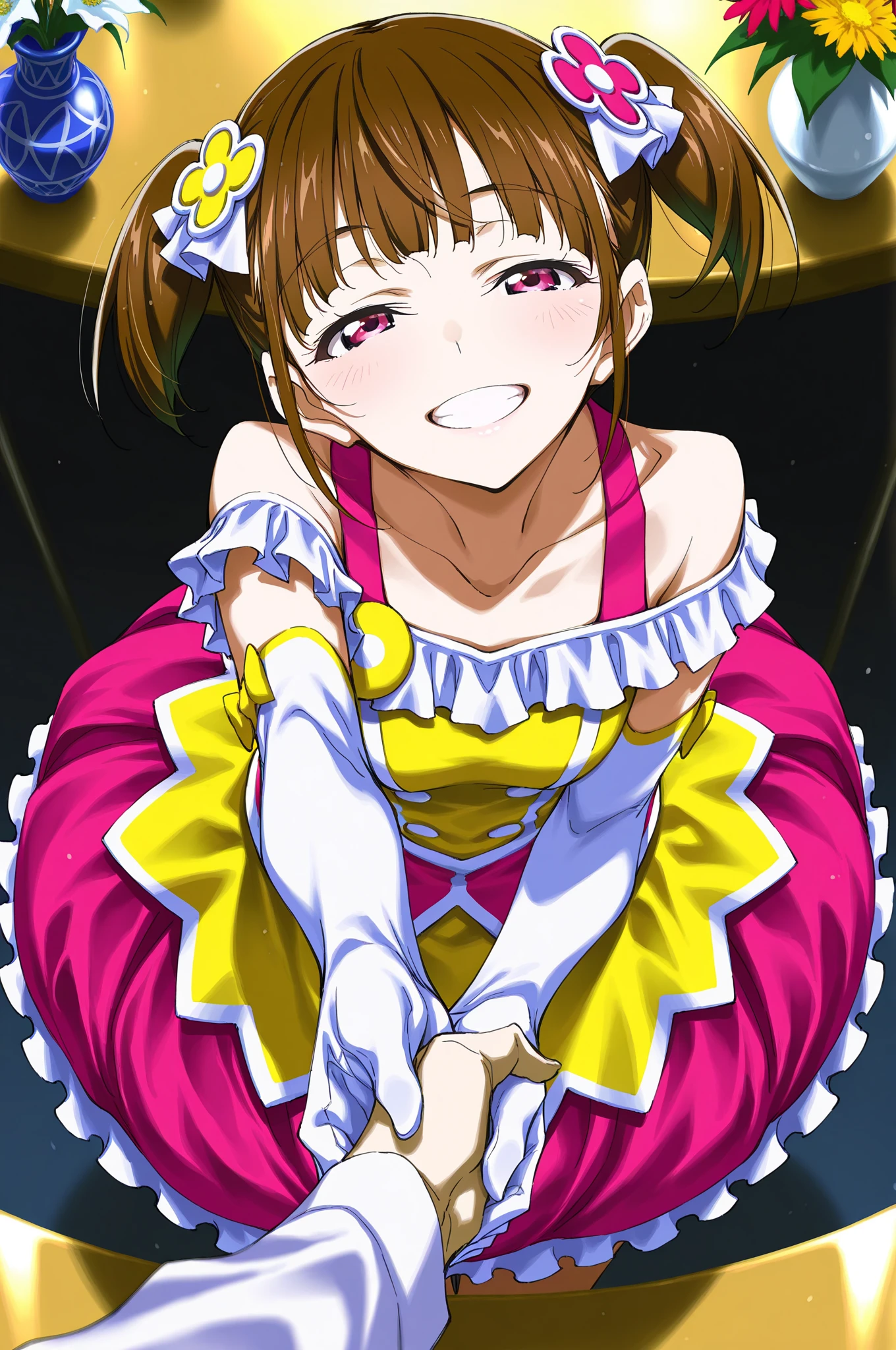 masterpiece, best quality,ultra detail, <lora:anmnr01:0.3>, <lora:GoodHands-vanilla:0.7> <lora:add_detail:0.5>,1girl, <lora:nasuno-teekyuu:0.7>nasuno takamiya,gold luxurious dress,dutch angle,active pose,wad of bills