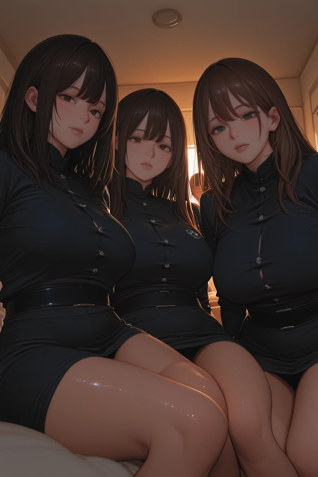 (fiche de conception de personnage, same character, Devant, side, de la), ((extremely detailed illustration)), high resolution, des mains parfaites à cinq doigts, visage parfait . Deux filles de 25 ans,Soeurs jumelles, avec de gros seins et des mamelons qui pointent, vêtu d'une combinaison rose en latex (spandex) style hentaï ouverte aux parties intime, the scene shows her caressing her breasts, back bent facing the audience, angle de vue multiples, seductive and explicit, corps voluptueux et musclé, legs spread, plaisir intense écrit sur son visage, eyes rolled upwards. NSFW❤️💕💖💋