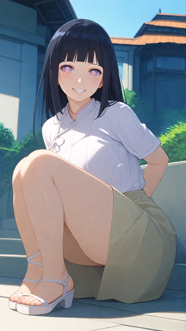 highest quality, Ultra-high resolution, (Realistic: )2D official style cel animation,((Sitting Girl))Blue Check Mini Skirt,Summer Shirts,(Lace panties),loose socks,sneakers,Full body portrait,(chiyoko sonoda),Station stairs,sunny,Embarrassed face,from the front