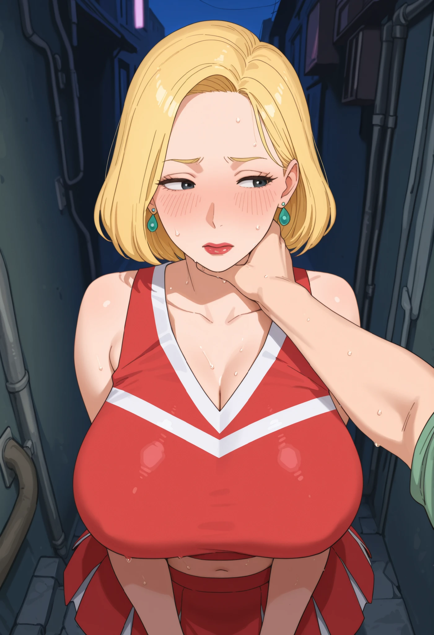 Beth Smith, mature woman, blonde hair, solo, medium hair, medium saggy , huge . earrings. red lips, black eyes |  Pov hand on neck, masterpiece, best quality, newest, absurdres, cheerleader outfit, at night, looking away, sweaty, standing in alley, shirt, lean western,  blush, embarrassed, 