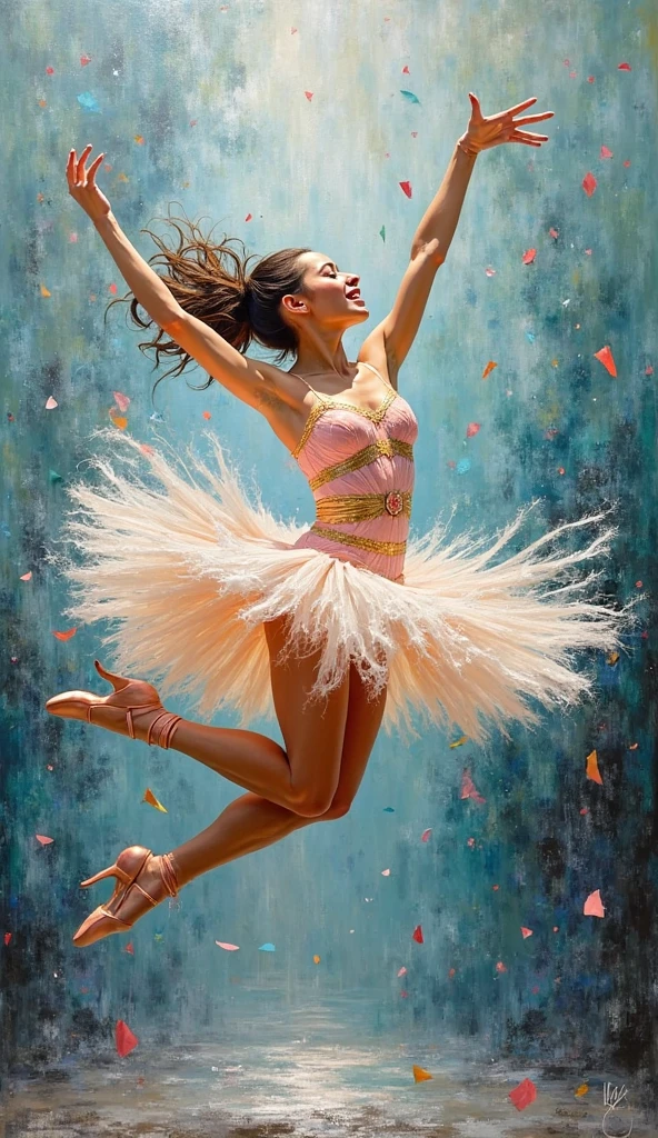 A stunning oil-style painting of a 37-year-old Mexican ballerina caught mid-spin on a theater stage, completely nude except for classic pale pink satin ballet slippers. The background is a deep, rich black velvet curtain, creating a void-like contrast. She is lit by a single warm spotlight from above, creating dramatic chiaroscuro lighting across her skin. Her graceful pose is based on a “Black Swan” pirouette, with one leg raised close to a 90° angle and the other en pointe, her torso elegantly twisting in motion.

Around her swirl white swan feathers suspended mid-air, flowing in the direction of her turn, carried by the invisible breath of her movement. The feathers reflect the light softly, dancing with her, like fragments of her soul in motion.

Her skin is warm caramel with golden undertones, realistic and slightly sweaty from exertion — glowing at the collarbone, between her breasts, and along her thighs. Small droplets catch the light on her abdomen and lower back. Subtle body hair is visible: soft, natural armpit hair, light arm fuzz, and a modest, aesthetic patch of neatly groomed pubic hair above her vulva — elegant and emotionally charged, not explicit. From her inner thighs, faint natural fluids trail downward, visually representing her ecstasy — not from touch, but from the overwhelming joy of doing what she loves.

Her face reflects the timeless beauty of a mature woman deeply immersed in her passion. Oval face, rounded chin, soft cheekbones, medium forehead. Golden-brown skin with natural texture — pores, faint smile lines, and crow’s feet. Eyes almond-shaped, closed in ecstasy, lashes slightly curled, irises deep brown with warm amber tones.

Her eyebrows are thick, naturally arched and expressive. Nose realistic: straight bridge, rounded tip, soft nostrils. Lips medium-full, top lip with a well-defined Cupid’s bow, slightly parted, showing a glimpse of natural teeth with a small central gap. A small, seductive beauty mark (mole) rests just beside t