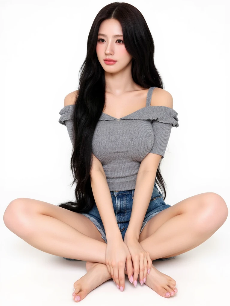 close-up of beautiful North Korean female, long hair, black hair, straight hair, thick flat bangs cut, bust size 34 inches, wearing a tight red strapless tube top, wearing tight light white short legging pants, my hair being held by a male barber, then my hair was forcibly cut short by the barber vigorously, the rest of my hair scattered on the floor, sexy pose, naughty pose, at a male-only barbershop, UHD