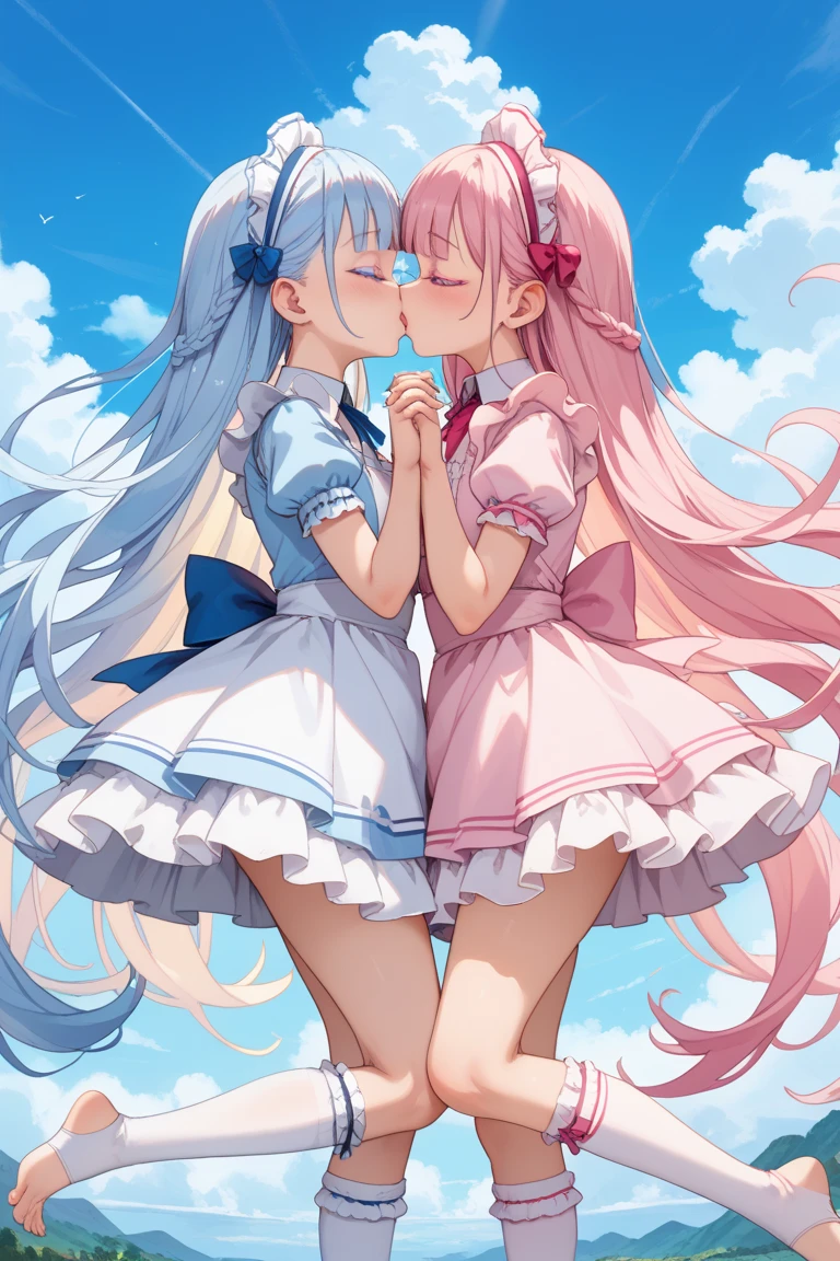 (((yuri, lesbian kiss))), ((petite bishojo, little 2girls)), ((cute  face)), ((cute puffy eyes)), ((masterpiece)), ((best quality)), ((ultra detailed)), ((exquisite)), ((depth)), ((crisp)), ((8k)), ((beautiful and aesthetic)), (super detailed skin), ((high standard)), ((highres)), ((perfect anatomy)), (full body), (blush), (rouge), (wuv, cutesy jk)