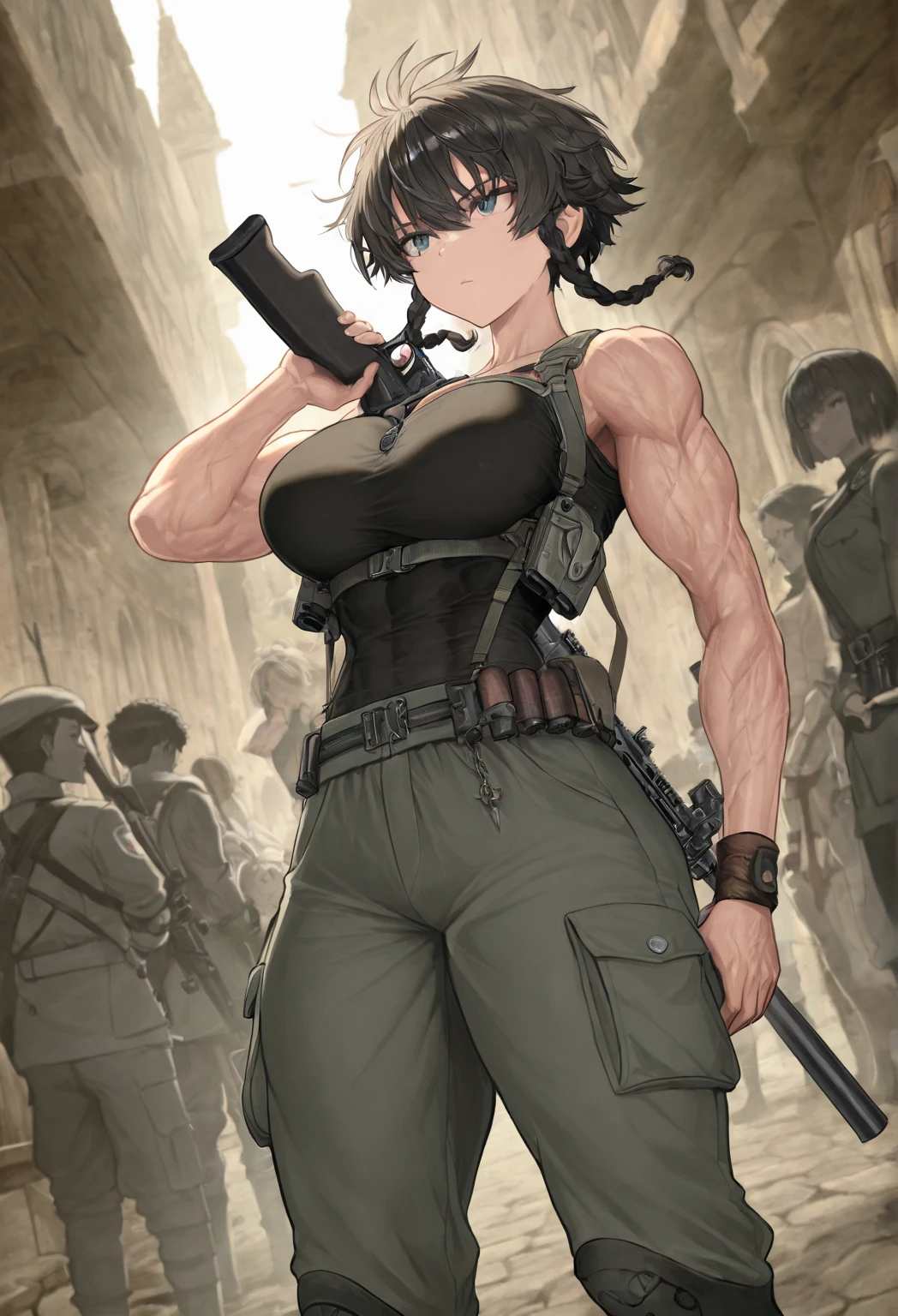 Military uniform breasts, Slender body、 Perfect human face detail, Brown hair, Hoplite helmet, Muscular, Huge naked breasts, I look at the audience, prospect, Model photo poses, Artwork, Highest quality, 8k, Blurred Background, Medieval fantasy castle in the background、 Kuribayashi, , ,Irritated expression、Thick nipples、Big Tits、sexy、One side ponytail、sexy、