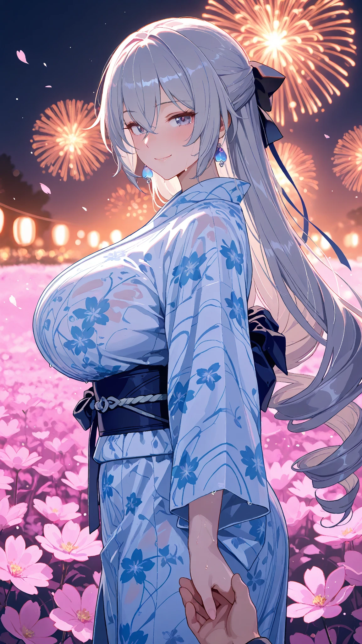 ((one personの女性)), Beautiful Face,Embarrassed,Painful expression,Open your mouth and scream,((Wink:2.5)),(Bright red cheeks:1.3),Glossy pink lips,night,rooftop,firework,((Anime style background)),masterpiece, highest quality, so beautiful, Latest, Complex details, (Pink long nails),(ring),AI-generated, Complex,High resolution, highest quality, super high quality,3D Images、View your viewers、3D Images,one person,Long white hair,High Ponytail,blue eyes,Anime woman posing for a photo, ((Fine grain、Colorful eyes、Shining Eyes:1.1)),(Squint your eyes:1.1),a hyperRealistic , hyperRealistic , Realistic,Anime woman with long and white hair, Smooth anime CG art, A woman in a colorful kimono with gold embroidery, (White kimono),Red floral pattern,Long flower hair ornament,Big earrings,Mature Body,(Big Breasts:1.2),Exposed nipples,Tall,Big Ass,Fine details,Narrow waist,Tilt your face,(Face close-up:1.5),(Holding the breast),((Breast milk spurting from nipples:1.5))