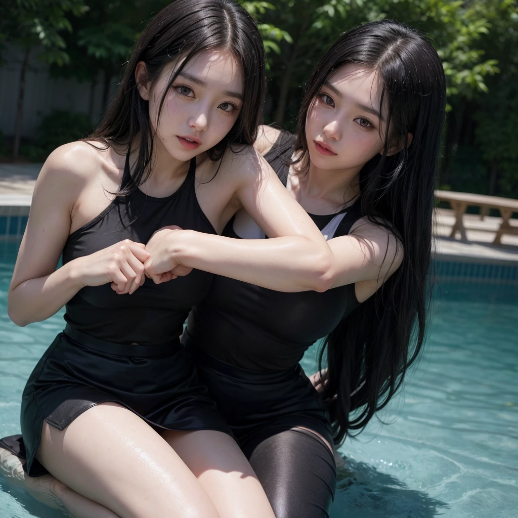 2woman hugging each other, hands over crotch, (one woman hasgreen eyes, white skin, long black hair, ponytail, choker, small breasts, lipstick, makeup, eyeliner), (other woman is a blonb with brown eyes), wearing a neon sexy outfit, on the pool, (cyberpunk theme), (masterpiece, best quality, 8k, sharp focus, depth of field, best shadows, perfect lights, HDR, realistic skin texture, ultra-detailed and detailed background),