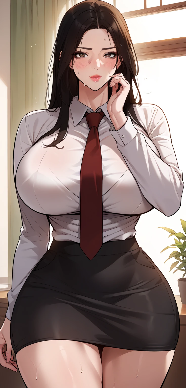 a drawing of a woman sitting on a couch with a cup of coffee, anya from spy x family, (sfw) safe for work, thick black lineart, on a desk, casual pose, girl in a suit, business woman, doing an elegant pose over you, oc commission, detailed but rough, elegant pose, girl in suit, thick lineart, cleavage