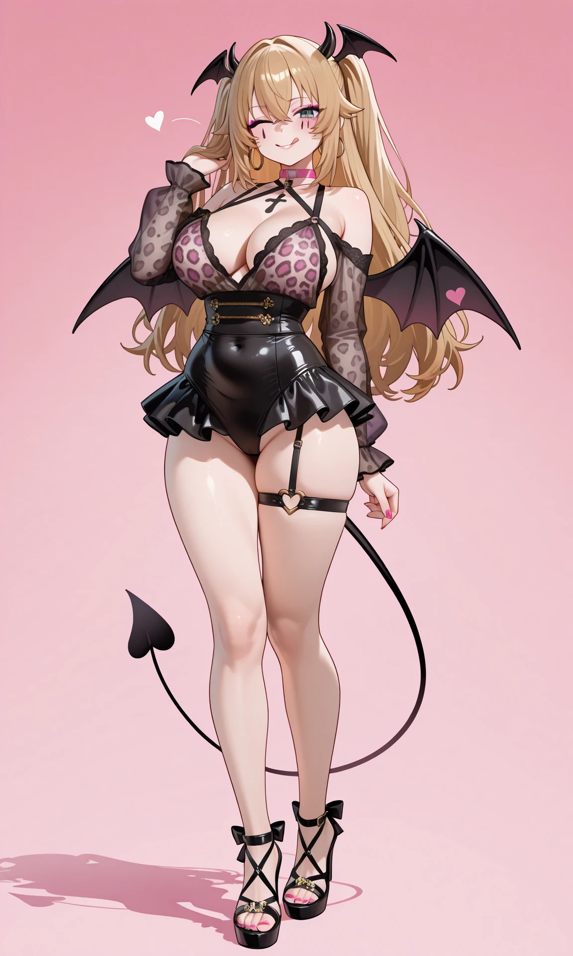 Physical appearance:
 * body: slim and curvy figure, emphasizing her femininity. narrow waist and pronounced hips.
 * fur: light and uniform tone, almost pale, contrasting with her dark outfit.
 * horns: two red horns curving upward from his forehead, with a soft and shiny texture.
 * Eyes: Large and almond-shaped, of an intense and bright red, that transmit a seductive and dangerous look.
 * cola: long and pointed, red like their horns, that moves gracefully behind her.
 * Hair: long and straight, of a golden blonde that cascades down her back and frames her face.
 * Facial expression: red lips slightly curved in an enigmatic smile, arched eyebrows and a confident and challenging look.
Attire:
 * dress: fitted black qipao, with a plunging neckline and a high leg slit. Pink and blue details on the collar, sleeves and hem.
 * gloves: long and black, that reach up to the elbows, made of a soft and shiny material.
 * Boots: high heel and platform, black with gold details on the heel and toe.
 * accessories: gold belt with a skull-shaped buckle, gold dagger-shaped earrings and a gold necklace with a heart-shaped pendant.
Around:
 * landscape: rocky and arid, with steep mountains and a cloudy sky in the background.
 * lightning: golden light of the setting sun, creating a dramatic contrast with the shadows.
Environment:
 * **Atmosphere:**mysterious and seductive, with a feeling of latent danger.
 * Emotion: confidence and power, with a touch of arrogance.
General impression:
A beautiful and dangerous demonic figure, that emanates an aura of power and mystery.
