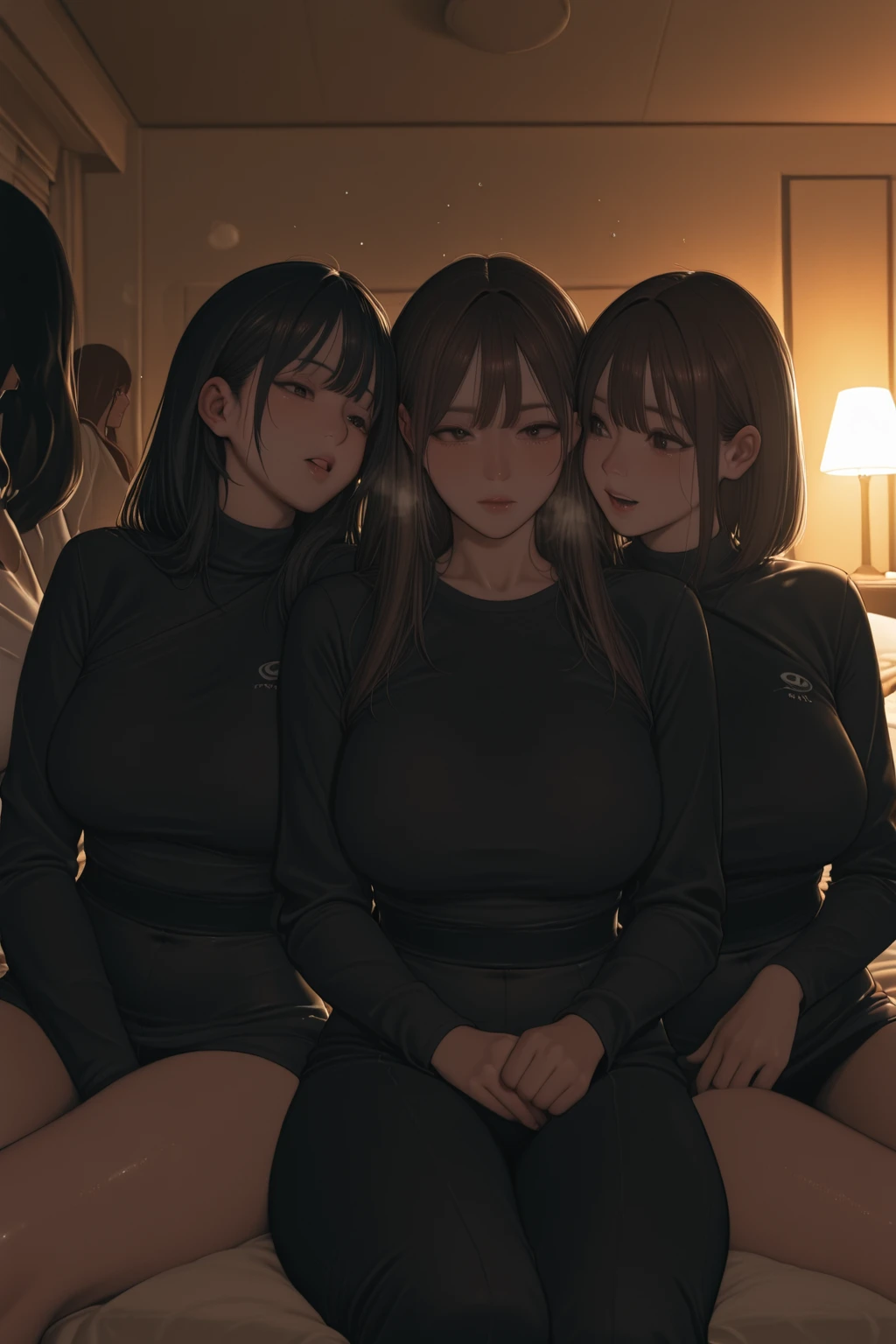 three sexy women in kindergarten teachers outfits, flirtatious smiles, kneeling, closed eyes, opened mouths moaning, close up faces portrait