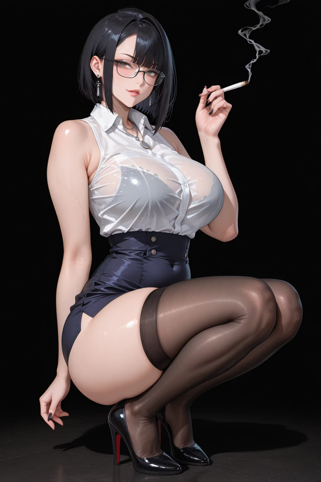 Big breasts ((1 sexy yakuza mafia girl)) stylish black hair with cut bangs)) ((hair tied up)) ((blue eyes, perfect eyes)), extremely sexy body, ((wears a wet white sweatshirt open on her large breasts)), skirt made of tailored fabrics, light and soft fabric)) her large breasts take shape in the wet blouse, ((leg holster)) sadistic and frightening expression, ((masterpiece, ultra detailed, superior quality )), ((realistic)) she is sitting at the office desk, legs crossed, look of superiority, body defined and a little toned, ((((she has a tattoo that starts on her thighs and goes to her navel))) ) (((she is a yakuza boss)))