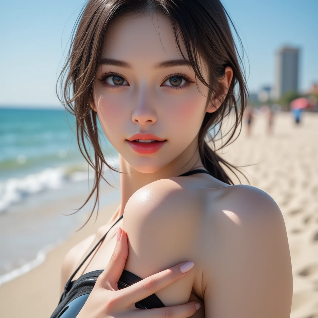 Mustepiece, top quality, illustration, ultra-definition, fine details, high resolution, 8K wallpaper, perfect dynamic composition, beautiful detailed eyes, wearing a dress, natural color lips, beach, random cute pose, perfect and beautiful face , cute, sexy face, sunset, feminine face