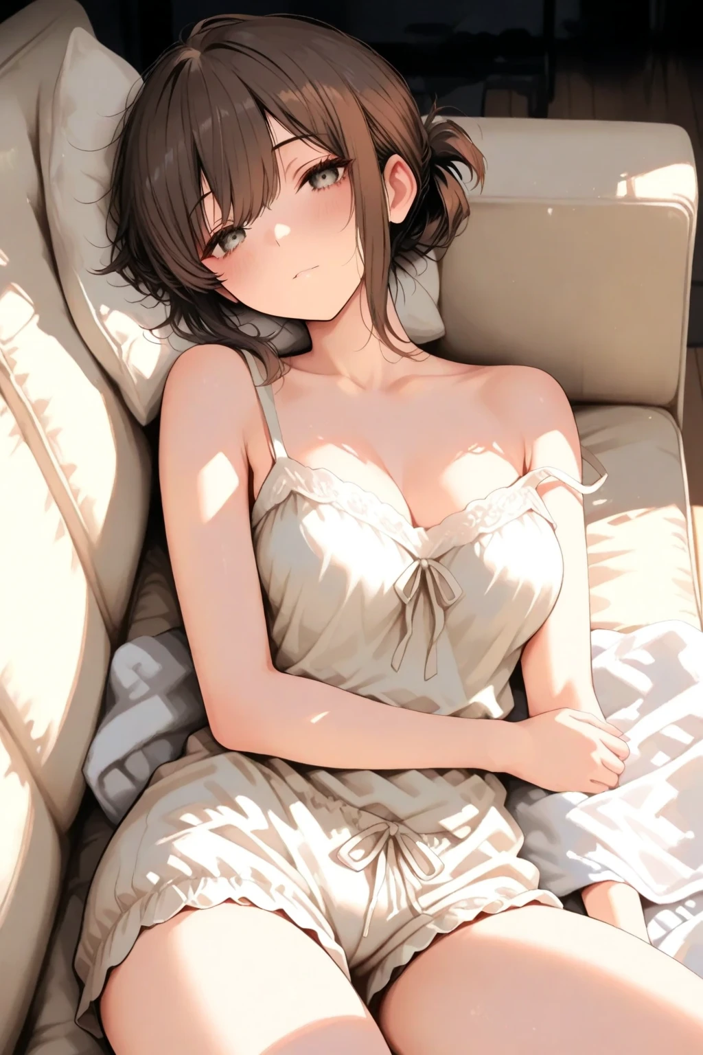 ((Best Picture Quality, 8k, tmasterpiece:1.3)), 1girl, Beautiful woman with slender abs:1.3, (Casual hairstyle, Leaky big breasts:1.2), Short dress:1.1, Super fine real human face, 詳細な目, 二重まぶた，ssmile，Home，Long legs，Bend your legs apart，Sit on the bed，Leaking panties