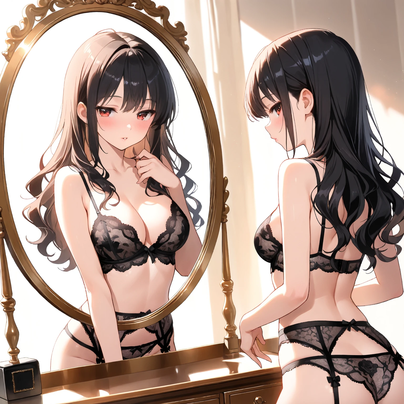 masterpiece、Highest quality、Best image quality、High resolution、Big Breasts、Black Hair、Long Hair、Brown eyearried Woman、30th Generation、woman、Striptease、Changing clothes、Back view、Black Bra、Black panties、Not looking at me