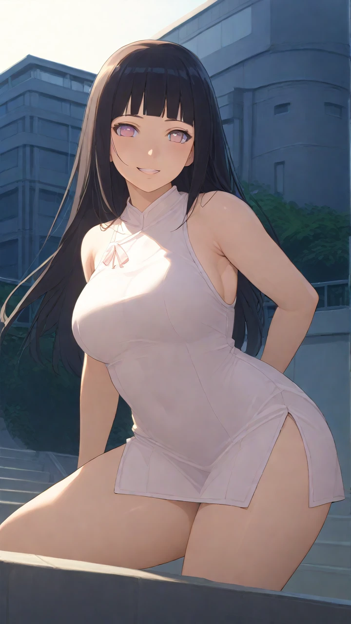 masterpiece, best quality, high quality, beautiful anime character, solo, anime girl with dark hair, (messy hair, long hair, choppy bangs, chopped bangs), purple eyes, medium breasts, mature female, tall female, big girl, thick, light smile, outdoors, (white casual dress), slim thighs, 
