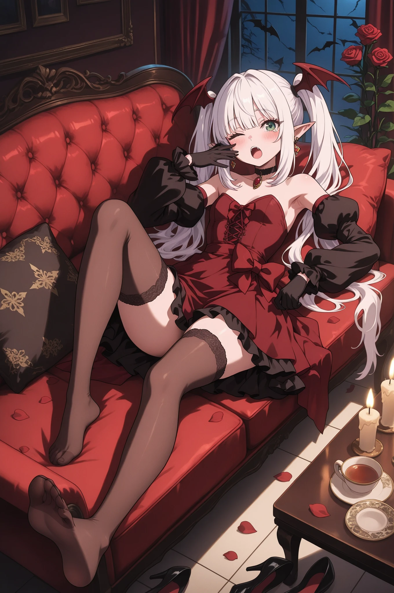 Carmilla wrapped in a warm wooly blanket, sitting by the fireplace, wearing lacy lingerie
