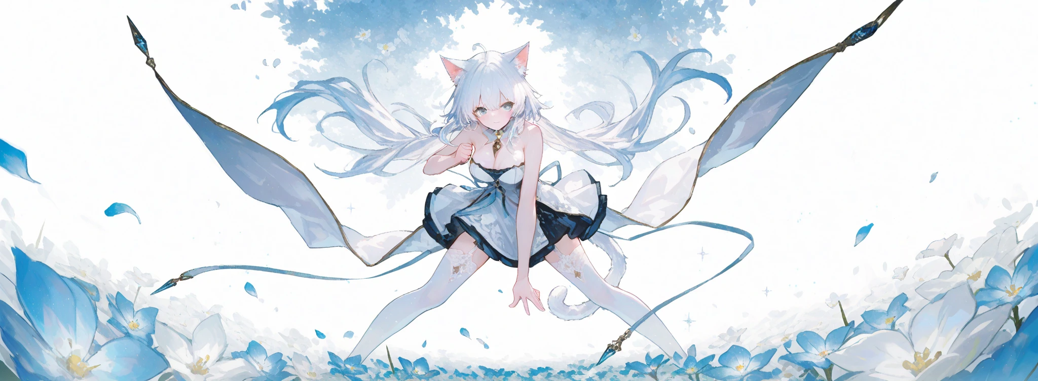 1girll，a beauty girl，Pokémon，Poor milk，Cover your mouth and smile，With his eyes closed，Lori huge breasts cleavage，Has glazed cat ears，With his eyes closed，Glazed hair，white  clothes，Long, Thin tail，The tip of the tail is thicker，Floating in the air，super powers，white stockings，Bad laughs