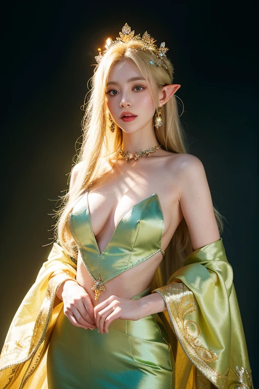 full upper body, so huge breasts, elf woman in a green dress, 1girl, white skin, diamond face shape, Hot topics on artstation, Fantasyart, portrait of an elf queen, Belle peinture de personnage, Stunning character art, Epic and beautiful character art, blond-haired princess, medieval princess, fairy queen, fantasy art style, cinematic lighting, masterpiece, accurate, anatomically correct, textured skin, super detail, high details, highres, 8k, grass field backround
