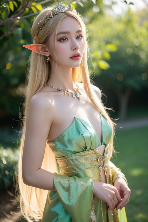quadratic element，（（femele，Bigboobs）），Slim，Sharp ears，Light gray skin，Long curly white hair，Gold eyes，ssmile，heads up，do not disturb，Recite the Pipa，the elf，blond hairbl，Green clothes