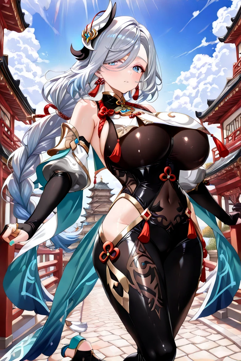 anime illustration、Highest image quality、plump shrine maiden、Kashima、perfect proportions、Catch light in the eyes、body suit、Overwhelmingly big breasts beyond the norm、thick legs、cowboy shot、Cheerful smile、Estrus、body paint