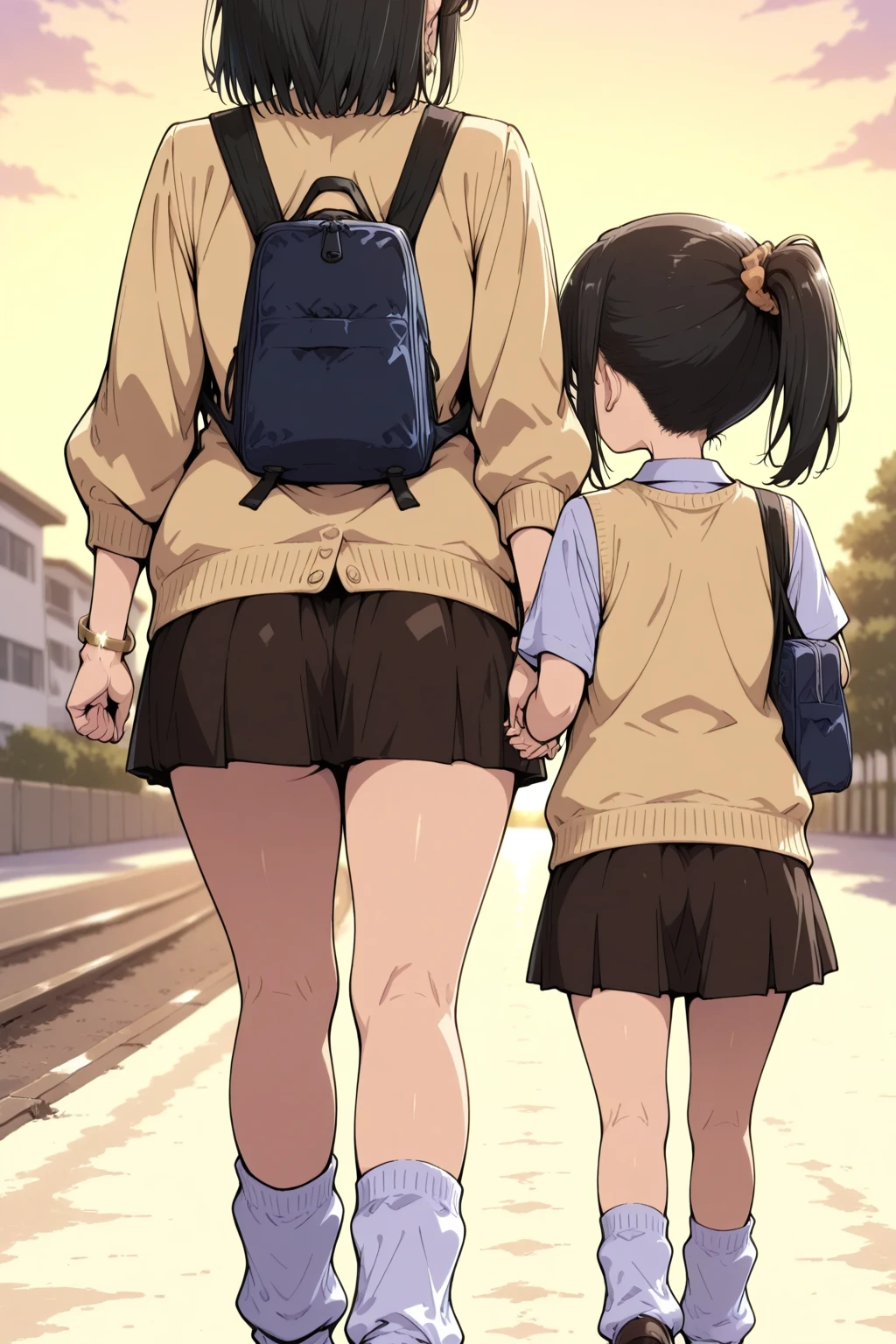 (height difference: 2), (size difference: 1.7), (outside), (a miniature woman in front of the shoes of a giantess), (2girls: 1.4), (woman), (breast envy: 1.1), (looking at another: 1.2), (looking down at her: 1.3), serafuku, (miniature woman next to the shows of a giantess), (tall cute mature girl: 1.3), (from below view: 1.3), foreshortening