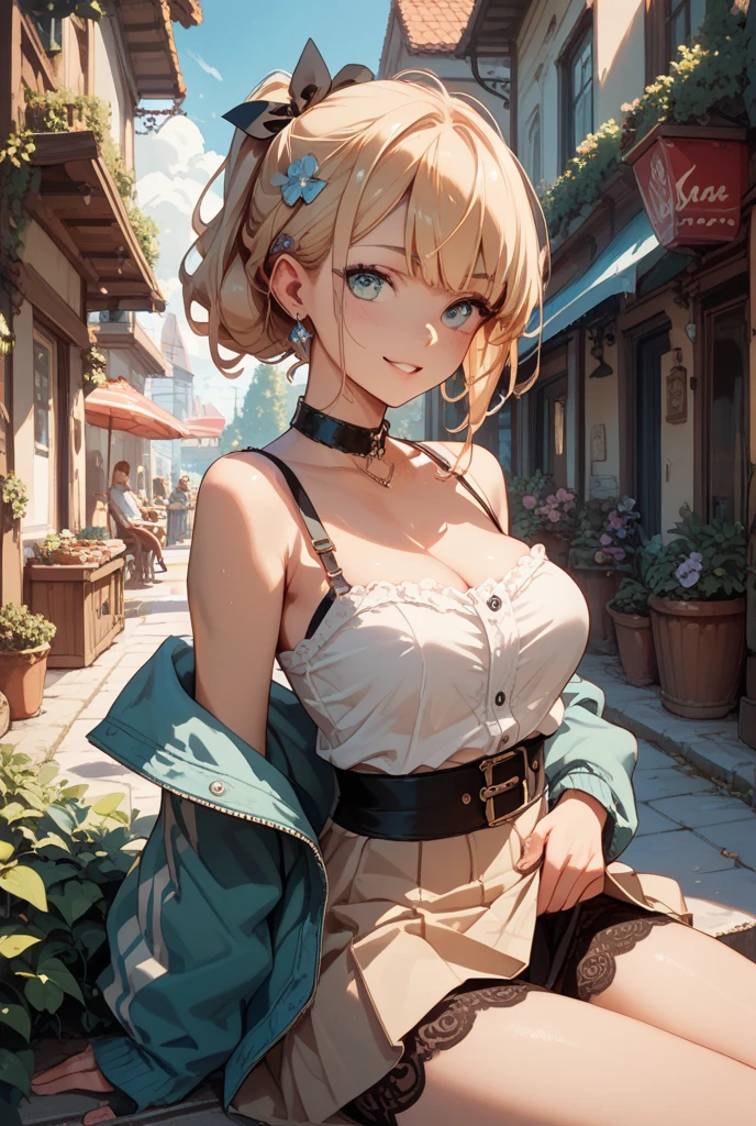 No sleeve,Sweaty,A perfect smile, (Perfect Anatomy, Anatomically correct, Highly detailed skin), Cute and symmetrical face, Perfect Face, Perfect Eyes, Perfect Fingers, Five Fingers, ((Hairstyle,Inner Color,Money,Bobcut))take off your clothes,Street Corner,((Shoulder bag,Please wear it diagonally over your shoulder..)),Clothes are open,((Large Breasts)),Climbing the stairs,Angle from below,mini skirt,Sexy Breasts
