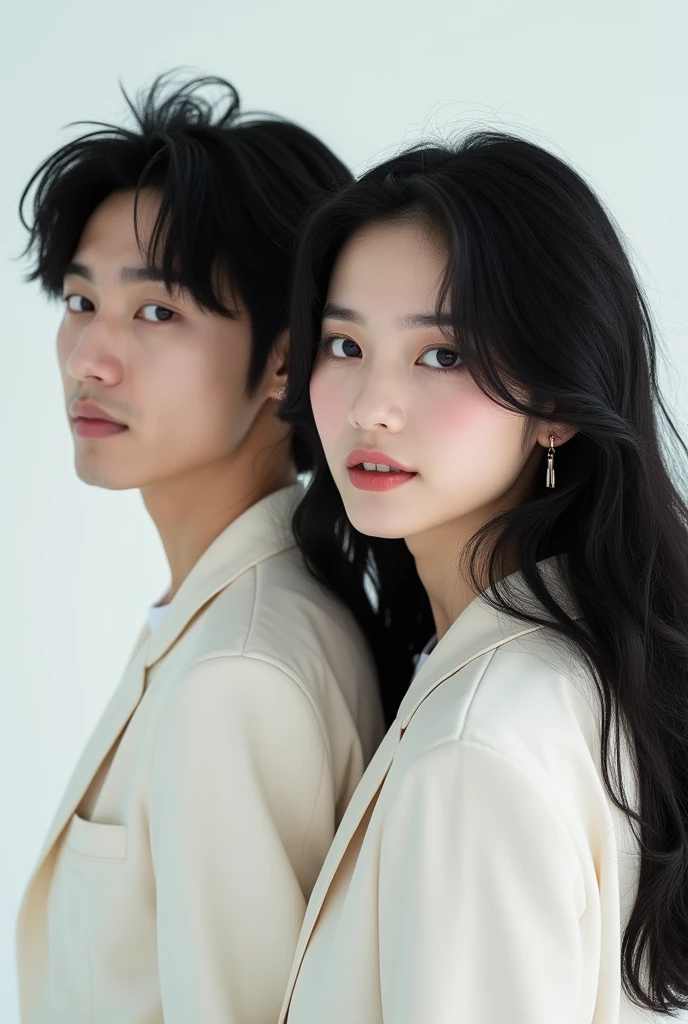 Couple picture in cream plain backgroud with a handsome and beautiful girl korean but separate picture