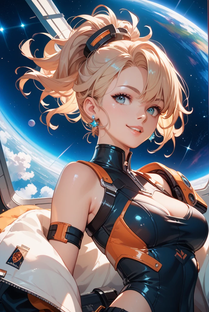 ((best quality)), ((highly detailed)), masterpiece, absurdres, extremely detailed face, beautiful face, (detailed eyes, deep eyes), (1girl), dynamic pose, upper body, contrapposto, hand on hip, <lora:hairdetailer:1>, <lora:yang_xiao_long:1>, yang_xiao_long, blonde hair, purple eyes, large breasts, smiling, yellow bikini, thigh strap, barefoot, (stars, galaxies, space, asteroids, planets, rocket ship, dawn)