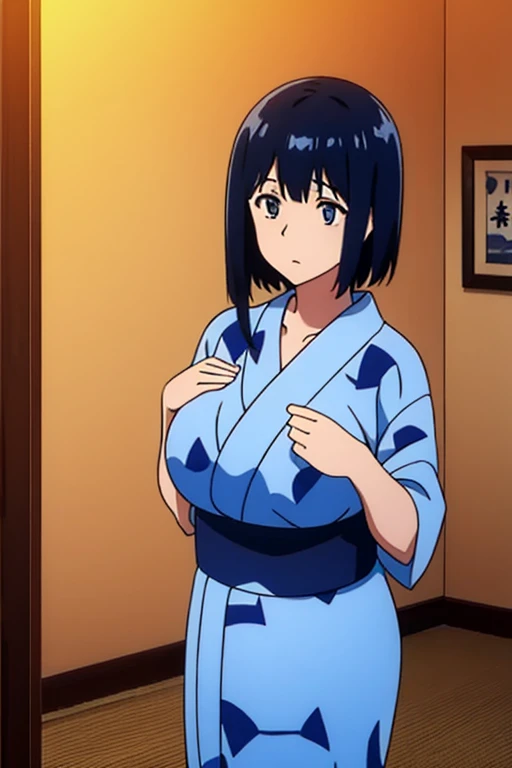 One girl, alone, looking at でiewer,
araragitsukihi, hair ornaments,short hair, Ahoge, Unbuttoned Japanese clothing,Blue kimono, egg hair ornaments, Parted bangs,No bra,Panties in full view,Sweat,Slit-opening rage,blush, Open your mouth,Ruins at night,
