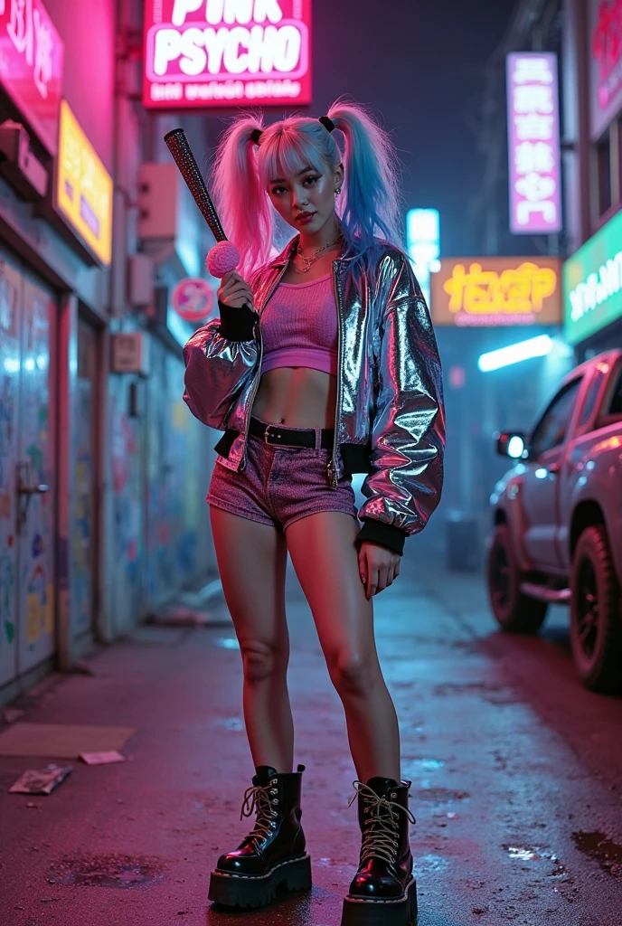Imagine a dynamic scene featuring a female punk rock singer and her female dancers performing in the middle of a wet street, illuminated by the reflection of the moon. The singer is dressed in a bold, eye-catching outfit inspired by Anitta's "Funk Generation" aesthetic—think sheer fabric, metallic accents, and neon colors, accentuating her curves with a punk rock twist. The dancers wear different punk-inspired outfits, equally vibrant but distinct from the singer's attire. The camera angle captures the reflection of the moon in the water on the street, adding a dramatic and realistic effect.Camera settings: 35mm lens, f/1.8, 1/60s, ISO 800. Midjourney parameters: --v 5.2 --ar 16:9 --c 40 --q 2 --s 750.