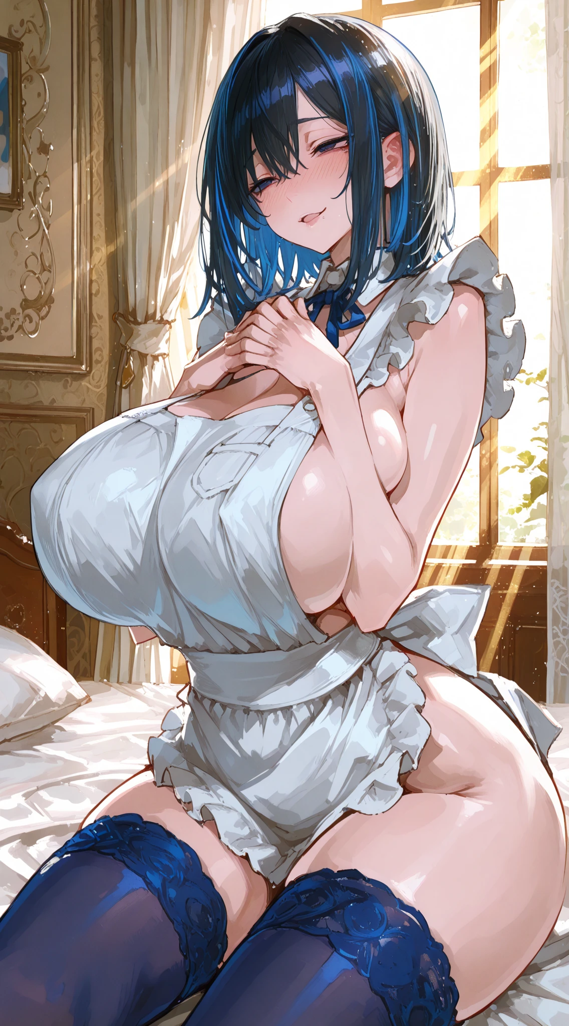 ((masterpiece, best quality, high resolution)), LW, LuxuriousWheelsCostume, 1girl, solo, sliver dress, blue hair,, perpendicularPaizuri,, beautiful girlfriend), seductive face, sexy face, penis between the breasts, testicles , from below, , , large breasts, paizuri, breast squeeze together, 1boy, 1girl, between the breasts, pubic hair, , on the bed, room, window ,large , wet penis, sweat, motion lines, side boob, luxury dress, under boob