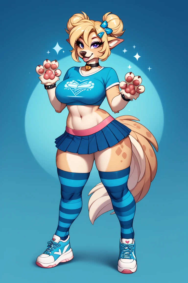 Cat girl High school student ,solo, female, blonde hair, blue eyes, smiling, big breasts, slim, small waist, small hips, American high school, white crop top, pleated skirt, hands behind back, happy, looking at viewer, high quality
