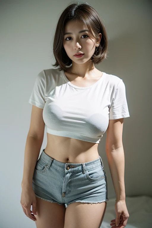 (best quality), (masterpiece), ((1 girl)), full body, very detailed, high resolution, 8k, thin lips, detailed face, (cute Japanese woman), cute 22 year old beauty, beautiful and graceful face, Cute face, arched eyebrows, well-groomed eyebrows, (big eyes with balanced left and right sides), cute eyes, beautiful eyes, beautiful thin nose, beautiful face line, (beautiful skin), (medium bob hair), natural bangs, Slim face, slim figure, (looking at the camera with a gentle smile), smooth skin, slim and beautiful thighs, fair skin, (cute smile), (Beautiful breasts), (Slightly saggy medium breasts:1.2), (medium breasts:1.5), (standing sexy pose), Outdoor, (sexy underboob:1.2), (show sexy underboob:1.2),(I can see the underboob:1.2), (underboob are visible due to big boos:1.5), (A shirt that shows your sexy underboob:1.5), (Ultra tight low rise sexy hot pants:1.5), (Slender body: 1.5), (Wearing a shirt that shows your underboob:1.5), (wearing a shirt that exposes your underboob:1.5), (Erotic Panties), sexy Underboob, sexy underbust, sexy lower breast,
