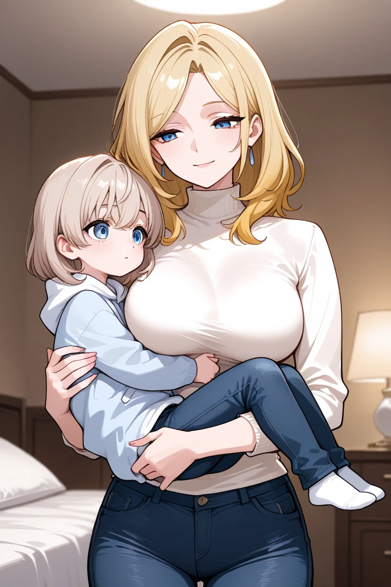 mother and son, blond short hair, (nudity:1.3), blue eyes,swet, smile, blush nose,  hagging