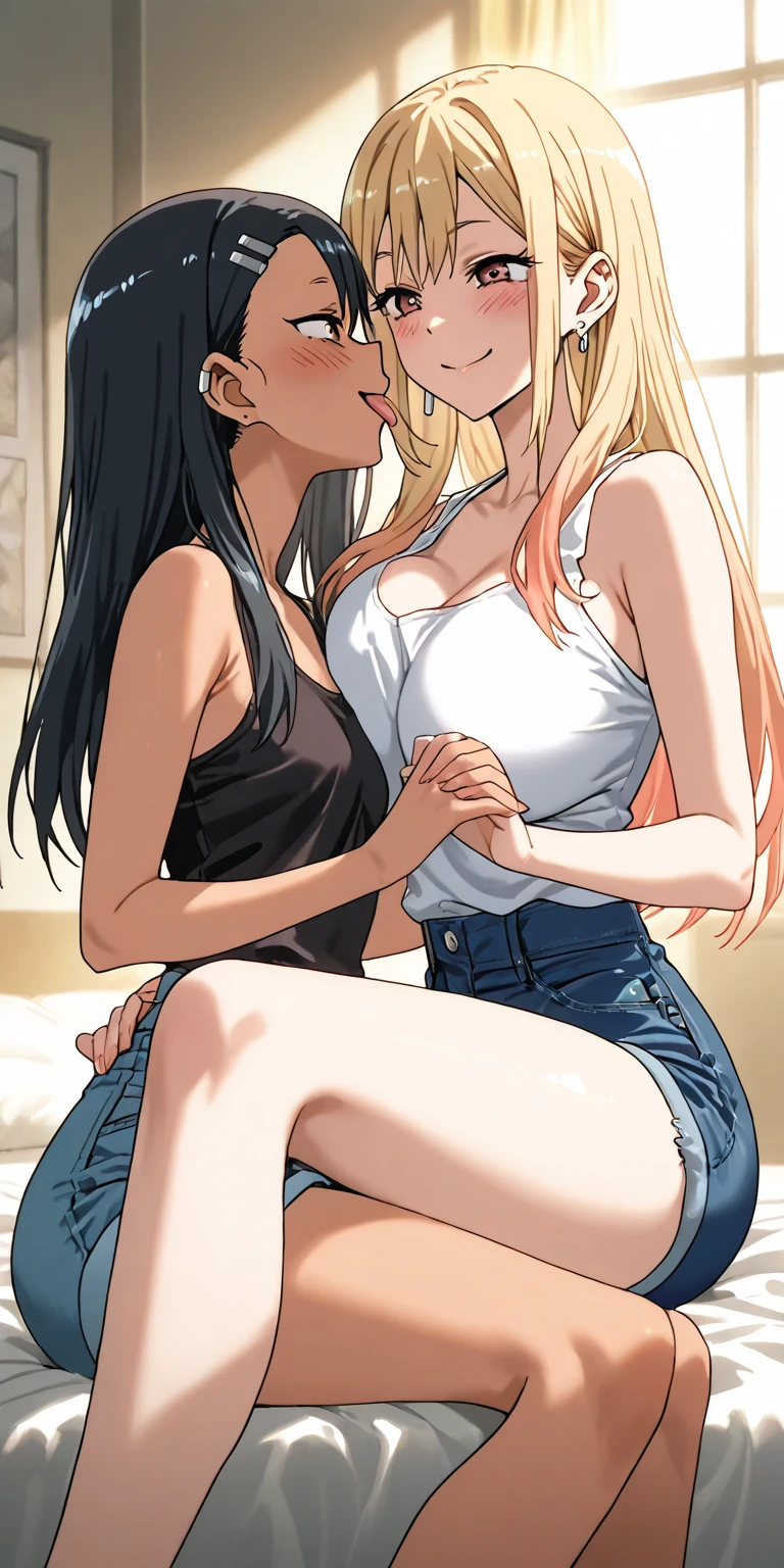 A beautiful blonde girl kissing with another woman, both women are wearing tight black shorts, blushing, moaning, and have big butts