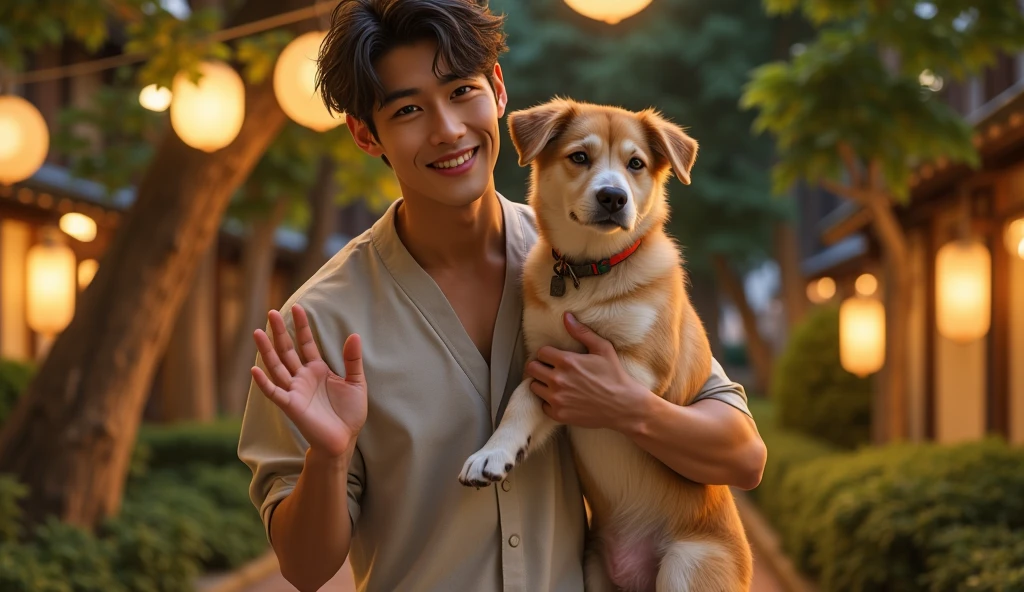 highest quality、masterpiece、A high resolution、hyperrealism、Full Body Shot、detailed face、solo、１human male、light brown hair、glowing skin、dense skin、(Asian)、japanese man、(((face without beard)))、(High resolution、super detailed)、1 male、(18～20 year old male)、Handsome、tall man、short hair、center parted bangs、Face-length contours、Black eyebrows、Fair skin、 CG Unity 8K、intricate details、detailed background、detailed face、Handsome、big eyes、double eyelid、Large tear bag、Mouth with raised corners of the mouth、(((with a small dog)))、Shy smile、(((Natural muscles、contemporary white bathroom、In the shower、wet skin、Foamy skin)))、naked