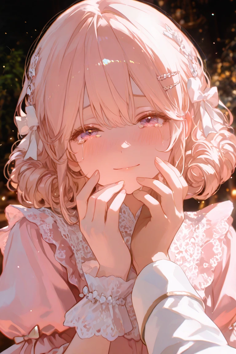 ultra-detailed、(8k, RAW photo, best quality, masterpiece:1.2), (extremely detailed 8k wallpaper),professional lighting,sharp focus, depth of field、nfws,((((face close up)))),((((美しいflower嫁)))),(((Pink fluffy short bob、rainbow colored curl hair、Curly hair)))、(((full white wedding dress))),(((lace veil、lace shawl、tiara、necklace))),(((((5 fingers)))),(((Ring on the ring finger of the left hand))),((A lot of milk on your face)),((((blowjob)))),((((Sweat、Wet body)))),((((blush,very embarrassed)))),((((steam around the face)))),flower、(clavicle)、((luxury bed)),(((night))),(((Correct number of upper limbs、Correct number of fingers)))