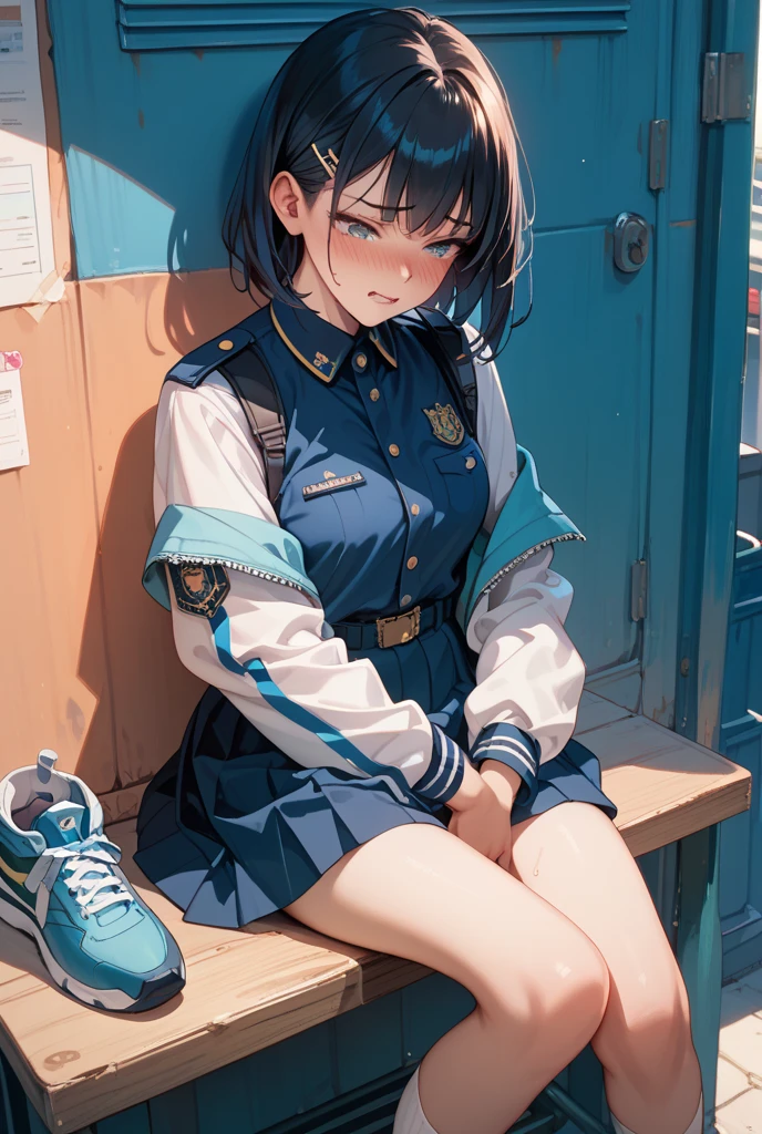 Kujiraitchi resembles a young human girl. She has black hair in a bowl cut. She wears a blue jacket with white buttons and a white collar, gray shirts, green socks, and white shoes. Her outfit resembles a Japanese kindergarten or preschool uniform. SPARKLE; GLITTER