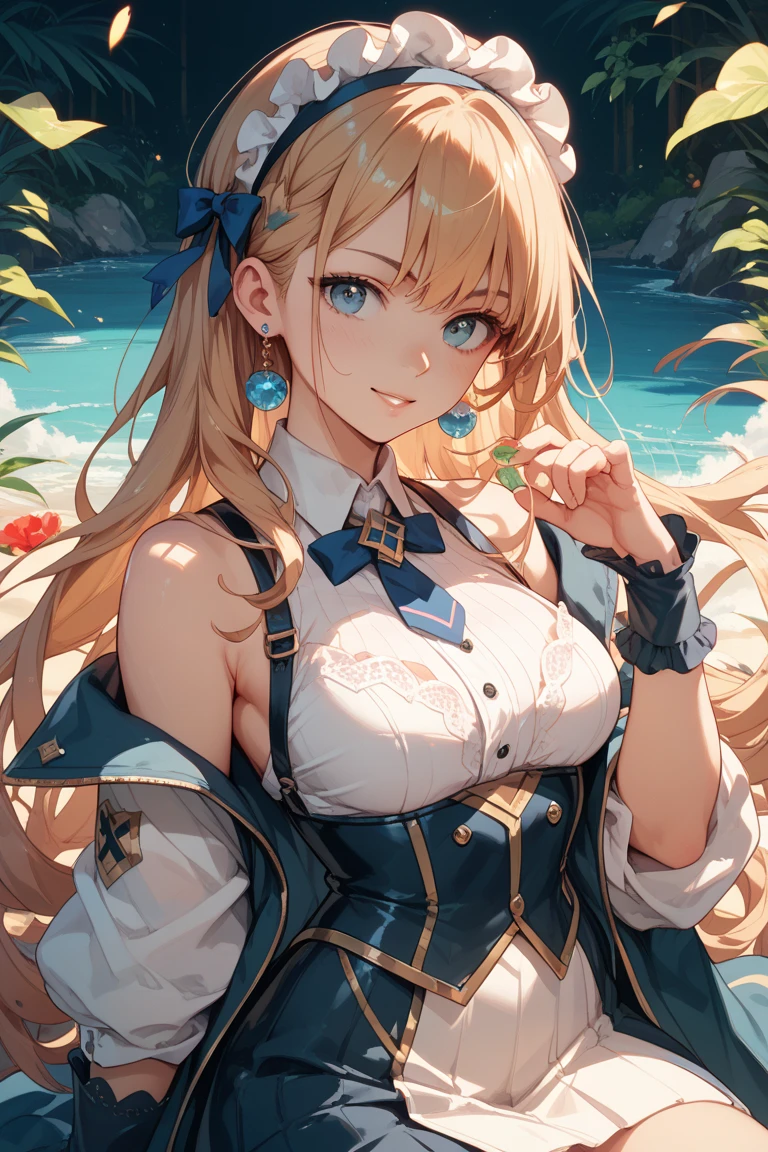 (masterpiece_1.3), (best quality_1.2),letemeraire,[petite:(large breasts:1.4):0.2],blonde hair,long hair,1girl,ahoge,solo,green eyes,bangs,very long hair,looking at viewer,braid,twin braids,bow,hair between eyes,cross,frills,ribbon,jewelry,cleavage,choker,smile,twintails,dress,thighhighs,earrings,skirt ,<lyco:GoodHands-beta2:0.5> <lora:Lion30_letemeraire_nochibi:0.8>