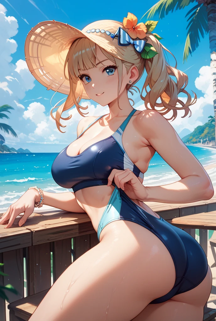 1girl, adult woman, (Blushing:1.4), ( highcut strapless swinsuit, floral print), blushed, Smile, Cowboy Shot, Slim body, Small breast, small boobs, Full Body, Detailed background: Beach and palmtrees, summer