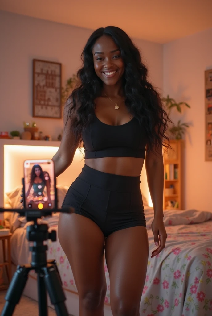 From behind the lens, the brown-skinned photographer brings her subjects to life, each photo a masterpiece of color, light, and emotional ,very beautiful attractive girl with warm smile and with dimples and short curly afro, she petite and sexy, taking a picture of someone taking a picture of her ((hyperrealistic)) a masterpiece