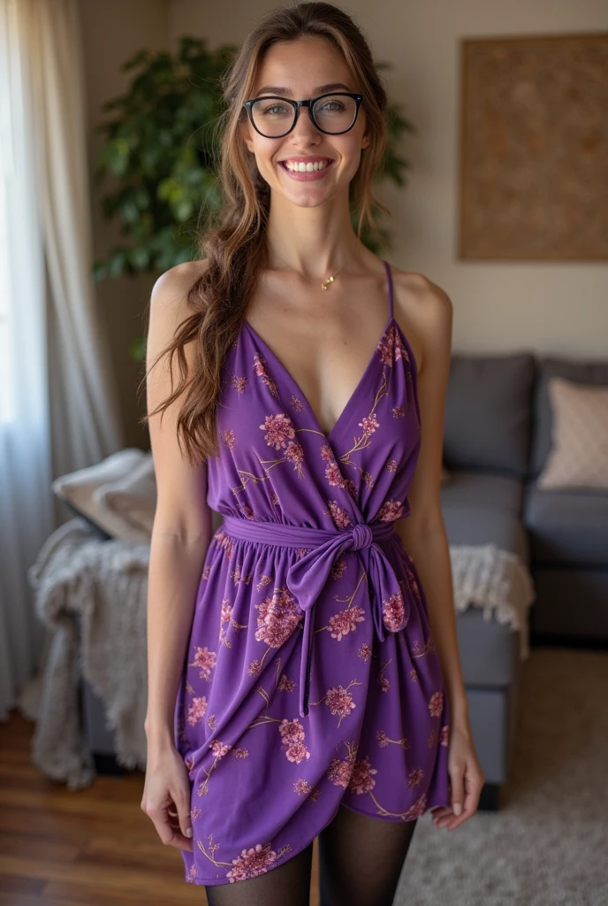 Redhead woman, standing. purple wrinkled wool short flowered dress. white heels. [small breasts]. UHD. Detailed. High LOD. focus on heels. slightly wavy hair. close shot of shoes. thin face. Detailed face. upskirt
