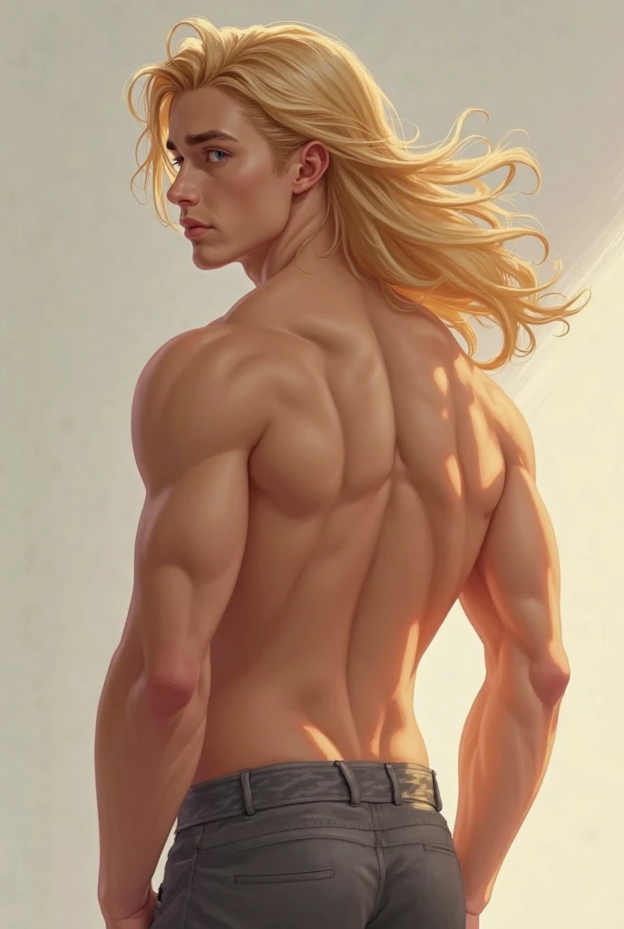 masterpiece, Best Quality, 1 25 year old boy, Russian, White skin, light eyes, long blonde hair, stocky and muscular build, marked jaw, v-shaped back, a height of 2 meters, and a big cock