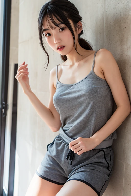 (((best quality))),(((ultra detailed))),(((masterpiece))),illustration,((1 beautiful young girl,solo)),(short ponytail:1.2),((slim,thin)),((small breasts,flat chest)),((sweat,wet)),(face blush:1.3),attractive, serene, sunlight,(in stairwell:1.3),((in residential building,indoor)),summer afternoon,(headphones on head:1.3),(yoga tank top:1.3),(yoga shorts:1.3),(slender legs:1.2),comfortable, movement,fair skin, radiant, hazel eyes,sun-kissed, lightweight fabric,whimsy,(standing on concrete steps:1.3), shadows,peaceful, idyllic scene, frozen moment, capturing essence,((from front,upper body,from below))
