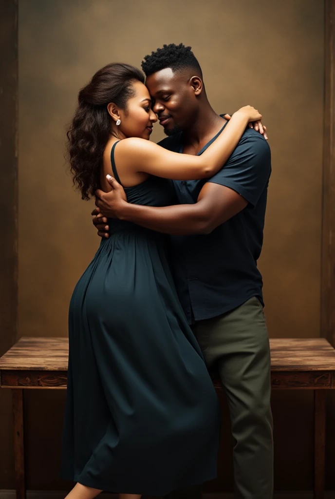 1 muscular very hary, handsome and attractive African man not wearing any shirt with sexy Indian married woman bit chubby wearing a sexy silver satin nighty. Both are hugging pose and there body is toward s the camera which is front. The woman is in front and the man is behind her. The woman is to the left side of the man. The man is hugging the woman from behind. The woman is standing on the left side of the man. In office. Hyper realistic image detail image. woman standing on left of the man. The background is office meeting room