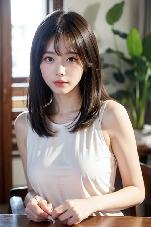 ((highest quality, 8k, masterpiece: 1.3, RAW Photos)), Sharp focus: 1.2, (1. AESPA Girl: 1.2), (Realistic, Realistic: 1.37), (Face Focus: 1.1), Cute Face, Small breasts, Flat Chest, Short hair with bangs, (White camisole: 1.1), Business Skirt, Sitting, Cafe, Put your hand on your cheek, From below, sunlight, Cinema Lighting,