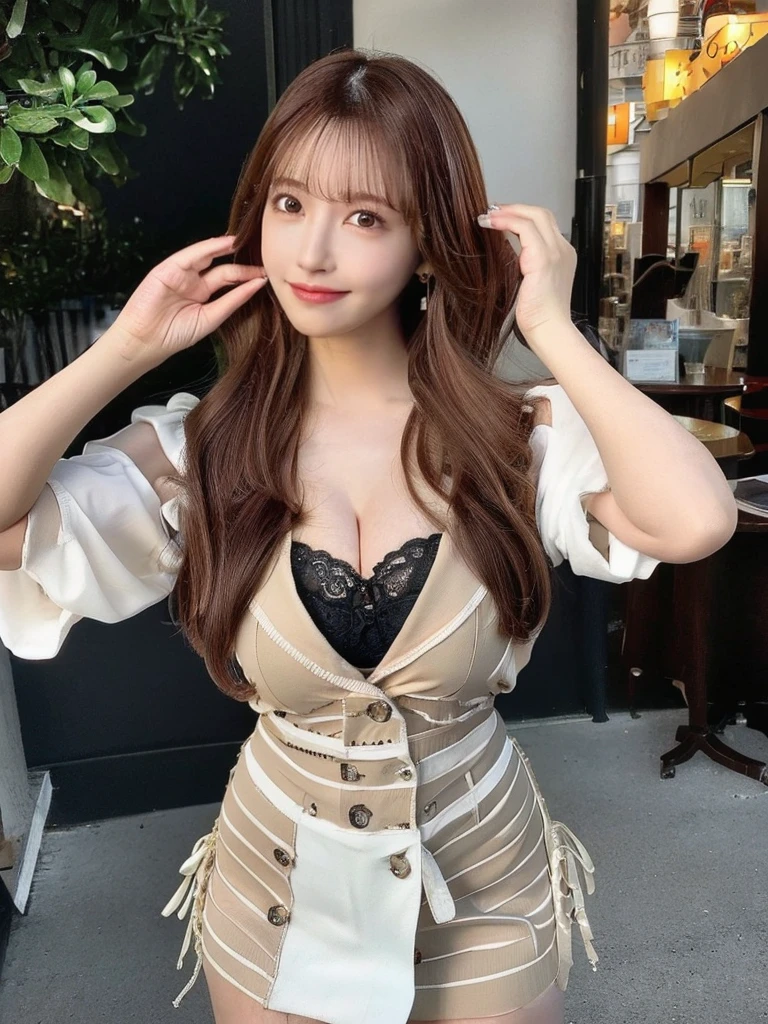 (Chengshi street:1 girl with brown hair), tmasterpiece, best qualtiy, RAW photogr, realisticlying, the face, Incredibly Ridiculous res,, ear studs, (Flowing brown extra-long curls),eye shadows,(White off-the-shoulder over-the-knee dress),White off-the-shoulder long dress,white legwear,Flat shoes,depth of fields, A high resolution, ultra - detailed, filigree, RAWE is very detailed, very detailed eyes and faces, Sharp pupils, realistic pupil, tack sharp focus, cinmatic lighting,full bodyesbian,Bigboobs,long leges,From the front side,dynamicposes,Normal posture,closeup of face