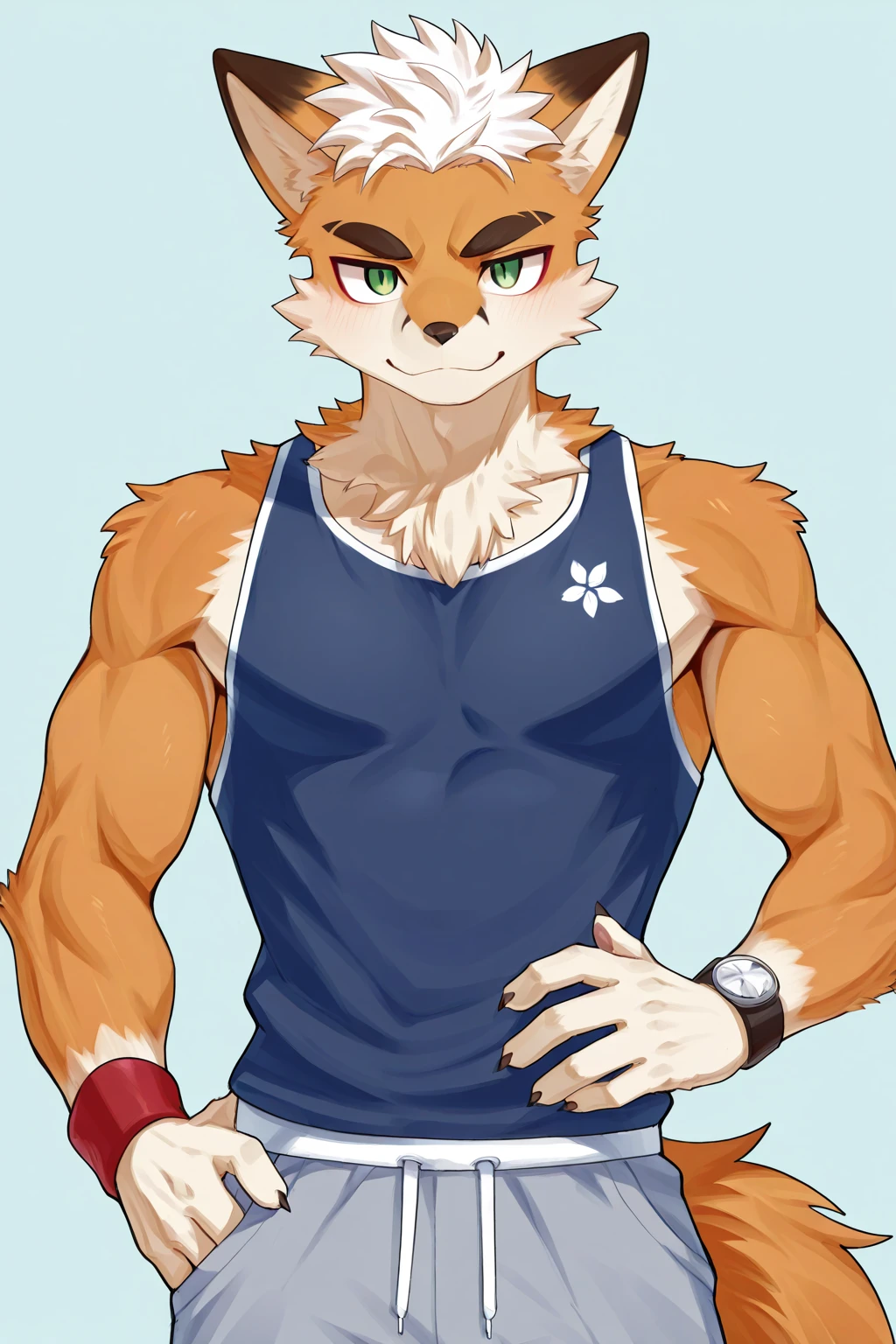 (masterpiece, 4K, ultra detailed), lion furry, masculine, shirtless, red short hair, white background, cute, handsome, athletic, blush, eight-pack, single, front view, illustration, red pubic hair, blue eyes, anime teen, young, red swim trunks