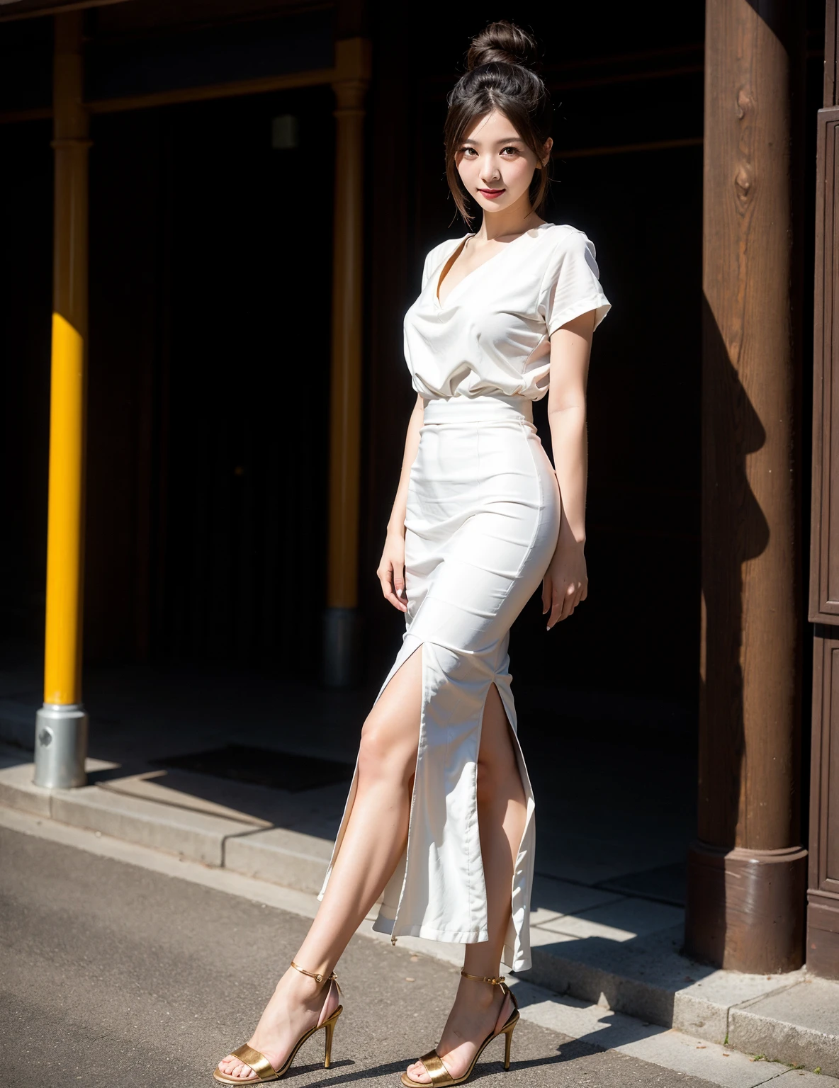 8K,high quality,high resolution,(tall),(ぽっちゃり),(Beautiful woman),(Brown Hair),(buzzer),(Cityscape),(White Ao Dai:1.3),(White ao dai:1.3),(Natural composition),(),(),(),(),(),,