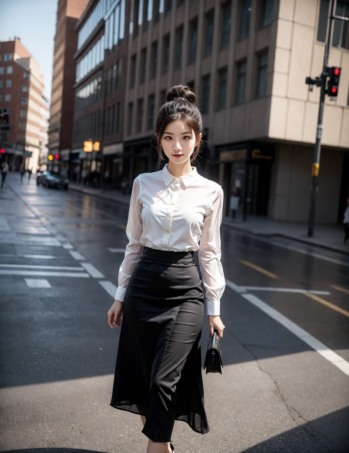 best quality, masterpiece, RAW, photorealistic render, digital imaging, a young beautiful woman with black hair walking on the street, loose clothes, loose pants, bangs, a long skirt, Japan city background, smiling, a beautiful face, high detail, 1girl, brown eyes, medium shot view, realistic body proportion, perfect body anatomy, cinematic lighting, cinematic view, dramatic lighting, half body shot, intricate, The artwork should be centered, modern Muslim fashion, nice finger pose, position the character in the center of the image, cyber city background, cityscape background, cinematic color correction, vivid color,