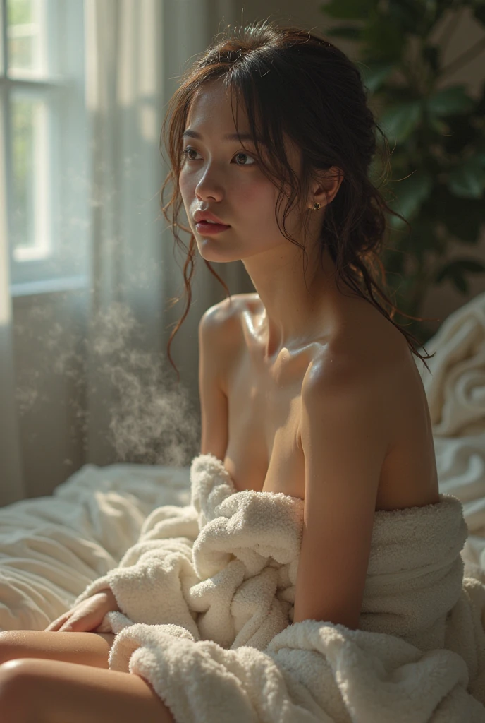 ( Photorealism 1.2) Photorealistic and beautiful、A 20-year-old Japanese woman sits on the bed、After the shower、Covering the body with a white towel。Dim lighting in the room、Smoke effect in the room、Messy room、Large Breasts
